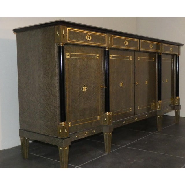 Louis XVI Style Hollywood Regency Sideboard in Burl Wood, Grey Lacquer and Brass, France, 1980s For Sale - Image 15 of 18