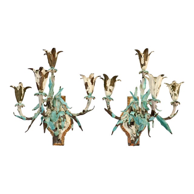 Pair of Edwardian Cold Painted Bronze 4-Light Flora Wall Sconces or Candelabra For Sale