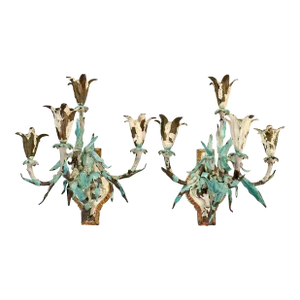 Pair of Edwardian Cold Painted Bronze 4-Light Flora Wall Sconces or Candelabra