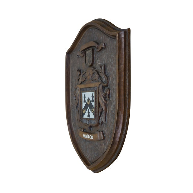 Rustic European Vintage Black Forest Style Mahogany Carved Coat of Arms Wall Plaque Walter 16" For Sale - Image 3 of 9