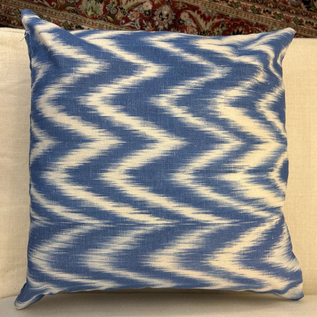 Tribal Thick Woven Hand Dyed Ikat Pattern Pillow With New Feather Down Insert For Sale - Image 3 of 8