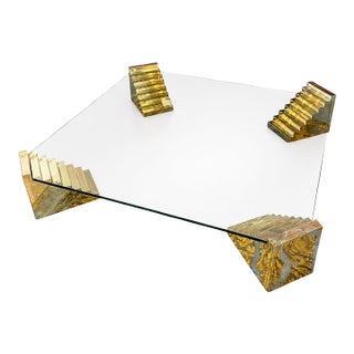 Glass Sculptural Coffee Table With Stepped Pedestal Bases For Sale