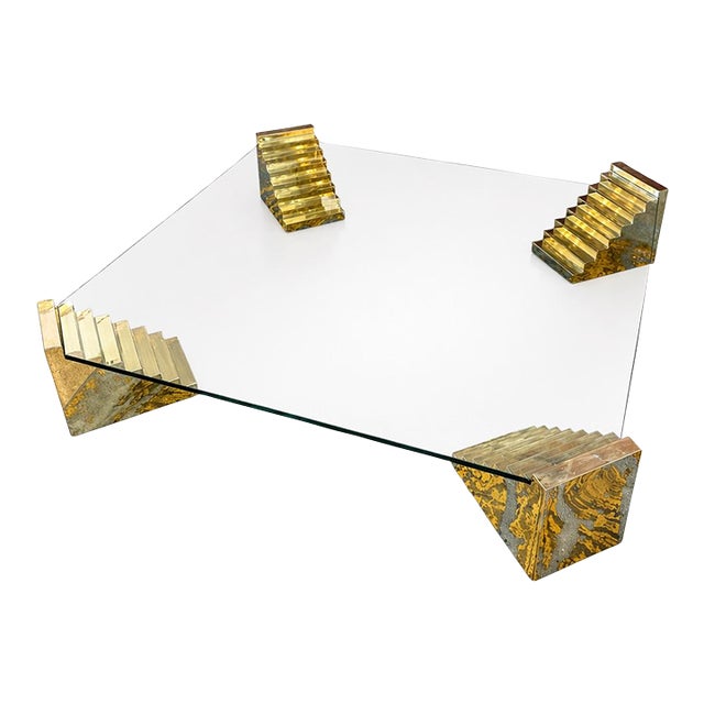Glass Sculptural Coffee Table With Stepped Pedestal Bases For Sale