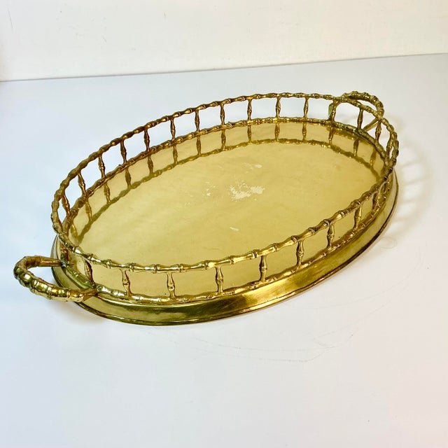 Brass Mid-Century Hollywood Regency Boho Chic Coastal Faux Bamboo Brass Tray, Mottahedeh Attributed For Sale - Image 8 of 16