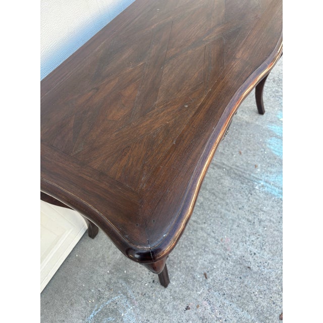 Brown French Provincial Console Table, Louis XV Style Vanity Desk, Vintage Curved Leg Writing Table, Parquet Top Entryway Table, Solid Wood Table For Sale - Image 8 of 12