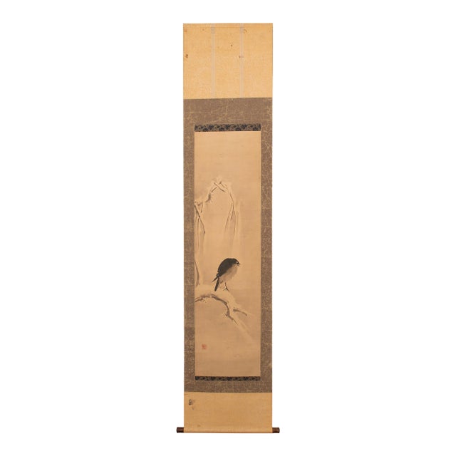 1920s Late Meiji to Early Showa Japanese Watercolor Scroll "The Crow and the Snow" For Sale