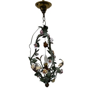 Vintage Floral and Metal Single Bulb Hanging Fixture For Sale