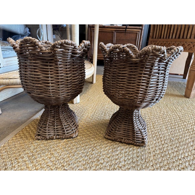 Farmhouse Wicker Footed Coupes Jardiniere, Pair For Sale - Image 3 of 4