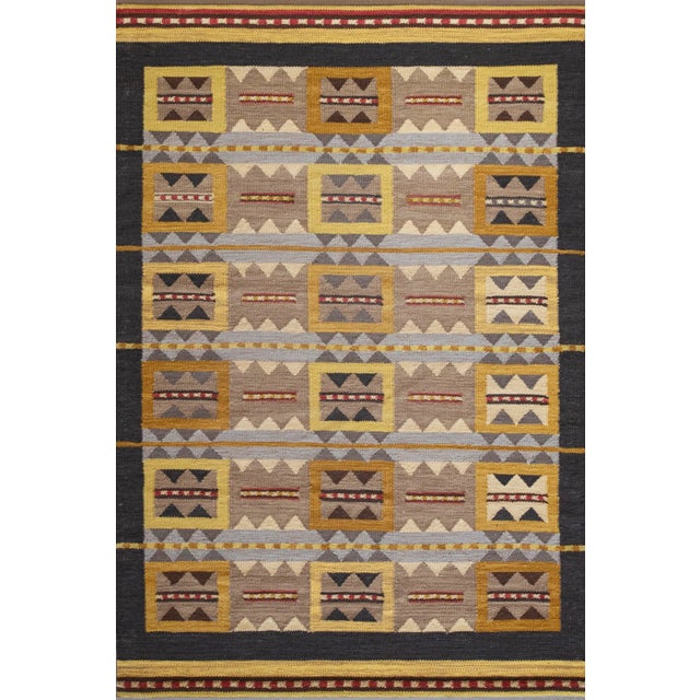 Yellow Handwoven Yellow and Charcoal Wool Rug For Sale - Image 8 of 8