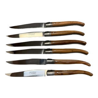 Vintage French Laguiole Tradition Olive Wood Steak Knives - Set of 6 For Sale