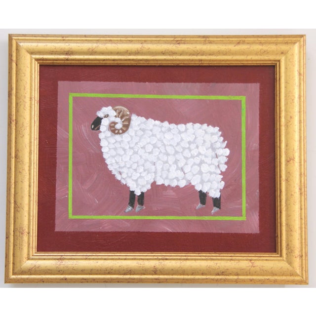 White Ram Sheep on muted mauve, burgundy border with a hint of lime geen in the border. Americana, Impressionism, Folk...