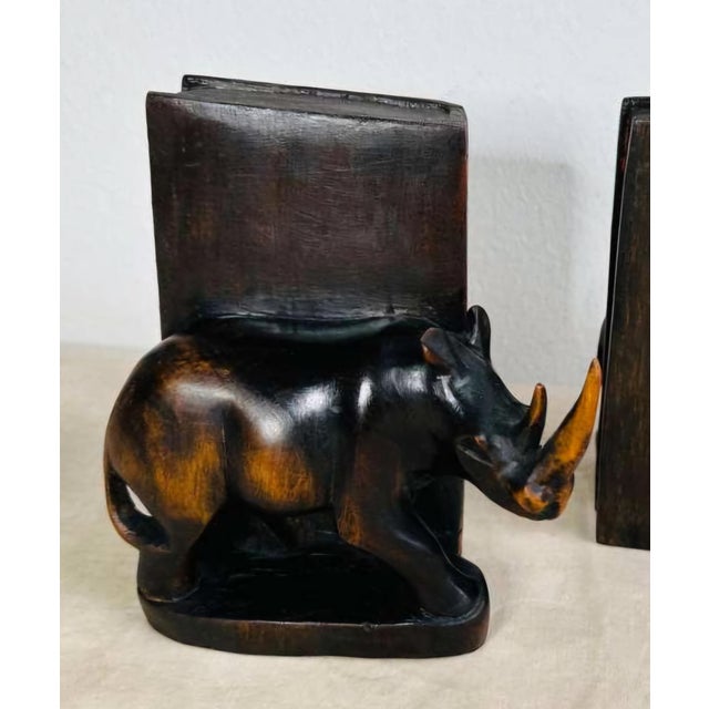 Early 20th Century Pair of Antique Carved Wooden Rhinoceros Bookends, Ebonized Finish. For Sale - Image 5 of 9