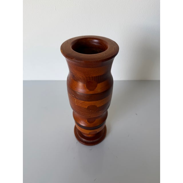 1980’s Vintage Turned Wood Inlaid Decorative Vase For Sale - Image 4 of 9
