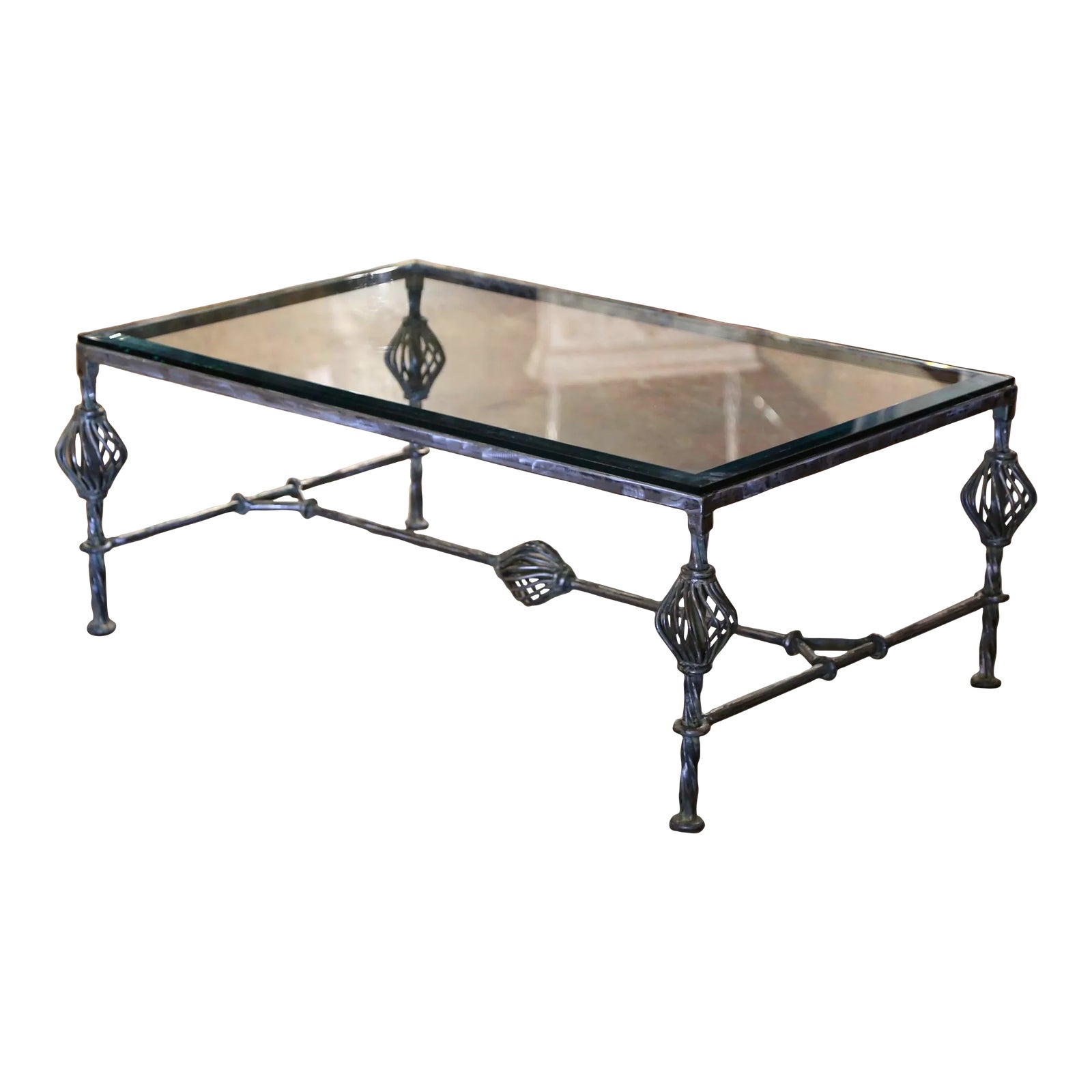 Vintage Beveled Glass Polished Forged Wrought Iron Coffee