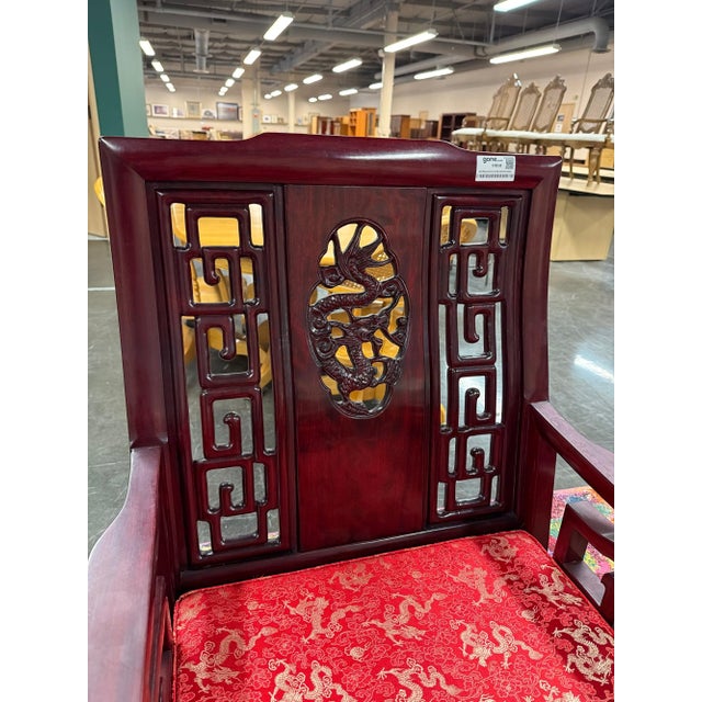 Wood Vintage Chinese Rosewood Armchair With Hand-Carved Dragon Medallion and Red Silk Cushion For Sale - Image 7 of 10