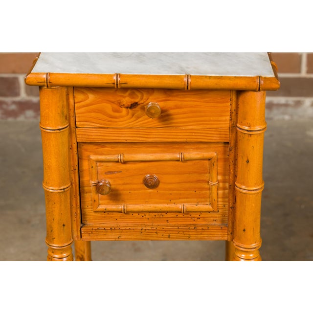 French 19th Century Pine Faux Bamboo Side Table with Marble Top, Door and Drawer For Sale - Image 12 of 12