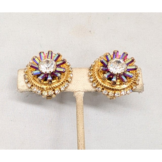 1960s Vintage 1960s Signed Hobe Round Goldtone Red Aurora Borealis & Clear Rhinestone Clip Earrings-2 Pieces For Sale - Image 5 of 8