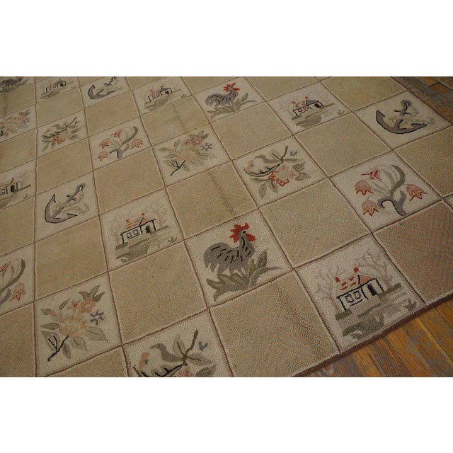 1930s Beige Rose Animal Folk Art Antique American Hooked Rug 10'0" X 13'9" Woven Wool Carpet For Sale - Image 4 of 9