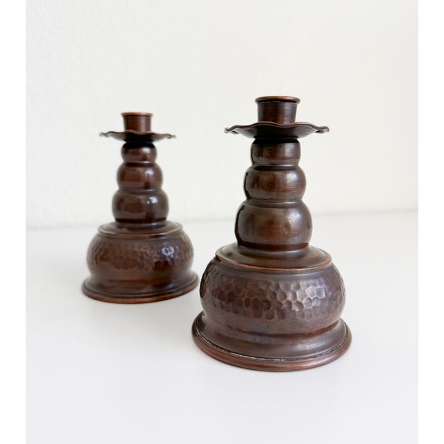 1950s Scandinavian Hammered Copper Candle Holders, Mid-20th Century - A Pair For Sale - Image 5 of 10