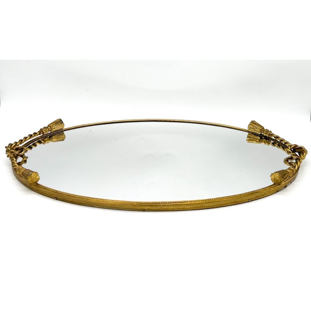 French Provincial Vintage Hollywood Regency Gold Rope Tassel Oval Mirrored Vanity Tray - Hollywood Regency, French Provincial, Neoclassical For Sale - Image 3 of 10