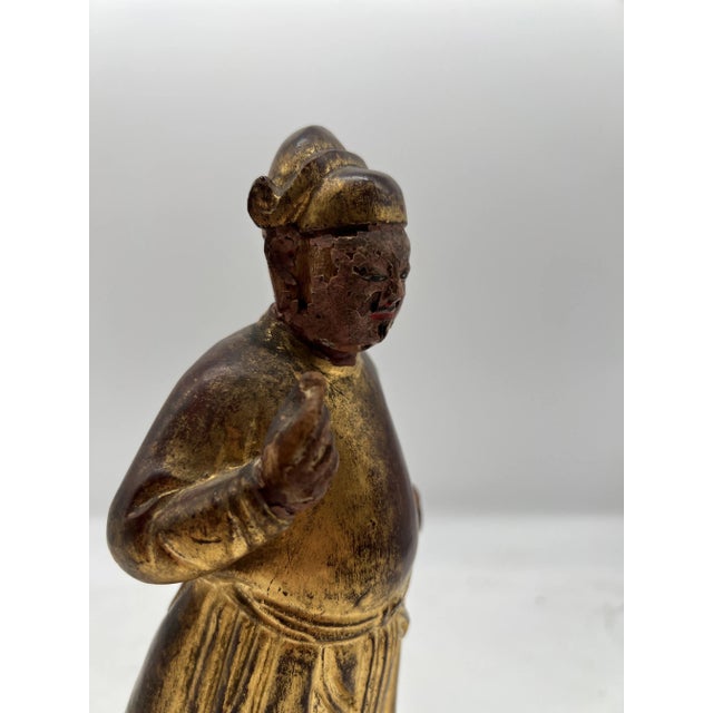 Antique Chinese Carved Gilt Wood & Polychrome Decorated Figure For Sale - Image 4 of 9