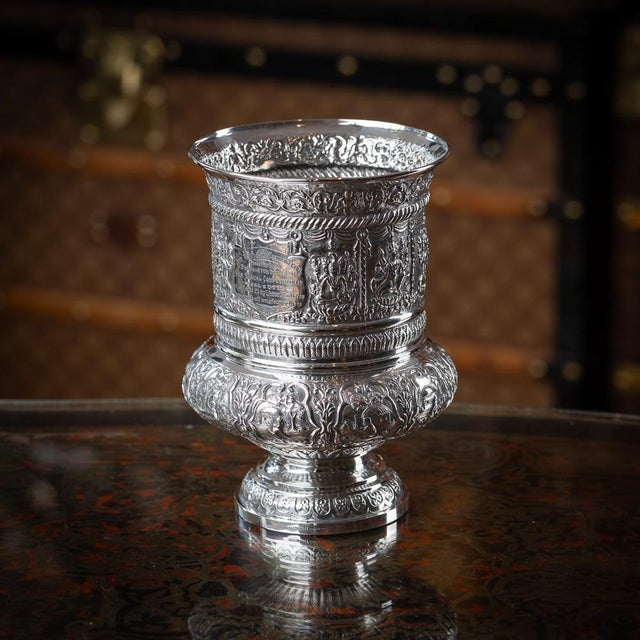 Antique early 20th Century Indian solid silver vase, repoussé decorated in relief with figures, floral patterns and...