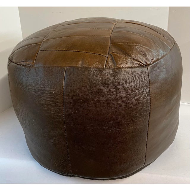 Vintage Brown. Leather Poof Footstool For Sale In Dallas - Image 6 of 8