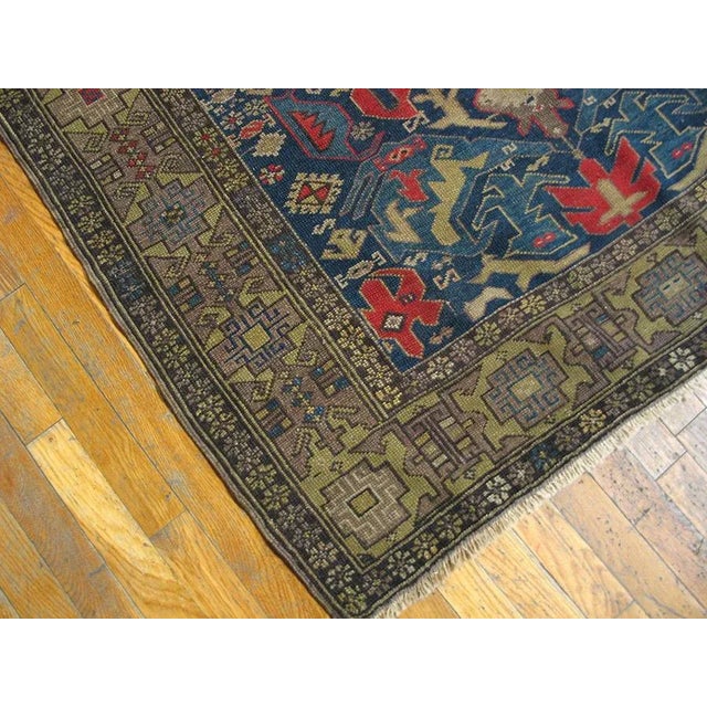 Royal Blue 1930s Blue Rustic Geometric Antique Caucasian Rug 4' 2'' X 5' 9'' Knotted Wool Carpet For Sale - Image 8 of 9