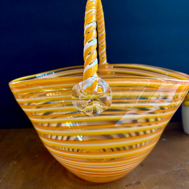 Mid-Century Modern Vintage Art Glass Basket Bowl by Block Crystal – Orange White Striped Murano Style Hand Blown Glass Basket – Decorative Glass Centerpiece For Sale - Image 3 of 9