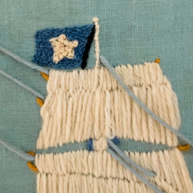 Large 1970s Nautical Crewel Embroidery Clipper Ship “Nantucket Whaler” — Period Execution of Erica Wilson Design, Framed American Folk Art For Sale - Image 11 of 12