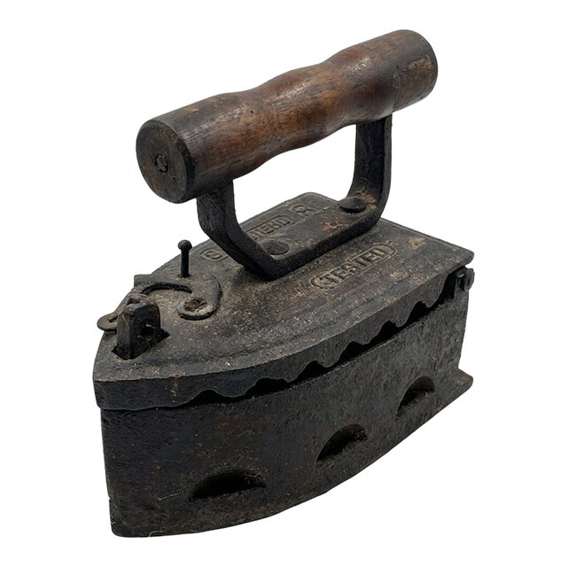 Antique Cast Iron Coal-Fired Sad Iron With Wooden Handle For Sale