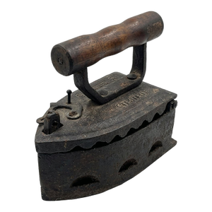 Antique Cast Iron Coal-Fired Sad Iron With Wooden Handle