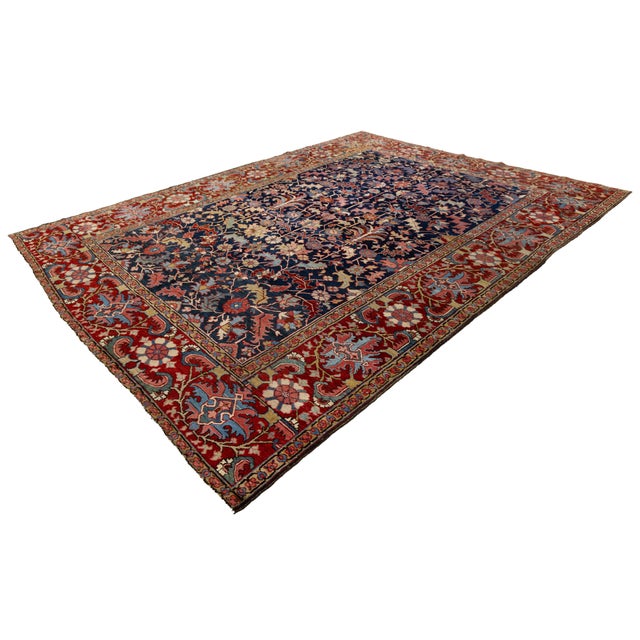19th Century Antique Heriz Style Wool Rug With Deep Indigo All-Over Floral For Sale - Image 11 of 11