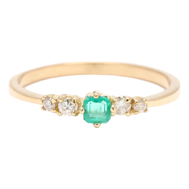 Tiny Diamond and Emerald Engagement Ring, 14k Yellow Gold, Ring Size 5.25 For Sale