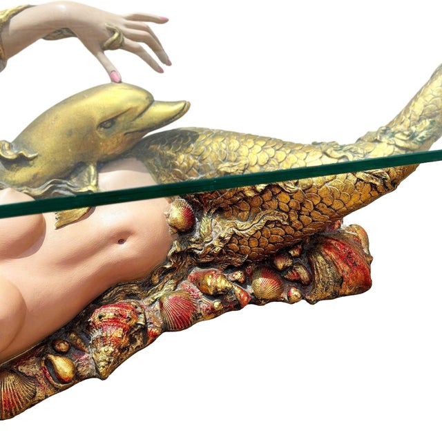 Plastic Mid-Century Sculptural Gold Nude Mermaid & Dolphin Coffee Table W/ Glass Top For Sale - Image 7 of 11