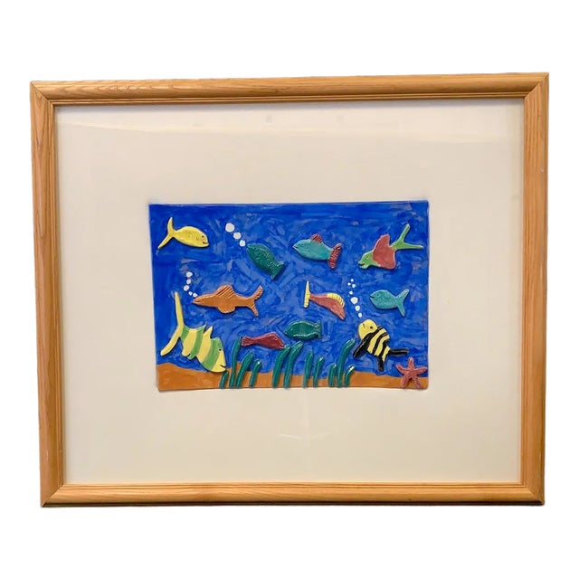 1970s Artisan Crafted Ceramic Fish Wall Art Framed Under Glass For Sale