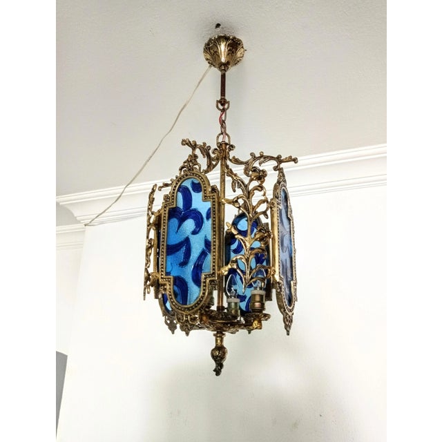 Vintage French Brass Stained Glass Style Blue Colored Chandelier Basket Ceiling Fixture For Sale - Image 6 of 11
