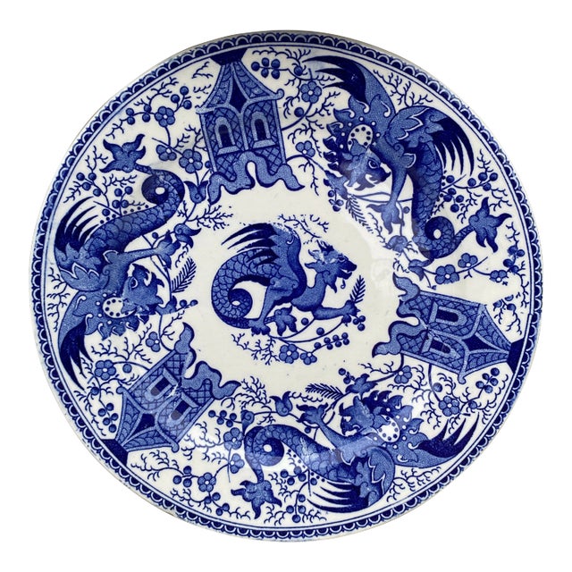 19th Century Blue & White Dessert Plate Dragon Sarreguemines For Sale