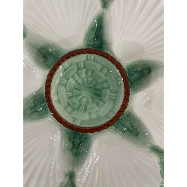 Ceramic 1930s French Longchamp Green and White Majolica Oyster Plate For Sale - Image 7 of 16