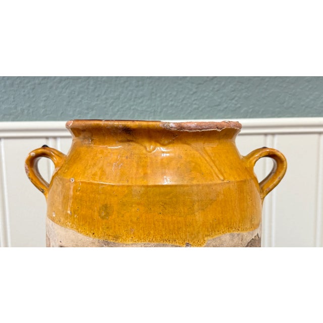 1900 - 1909 Antique French Country Confit Pot Pottery Jug Glazed Ochre Yellow Large For Sale - Image 5 of 16