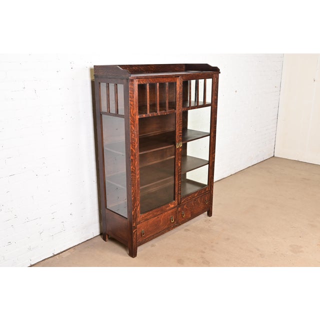 Charles Limbert Limbert Style Antique Mission Oak Arts and Crafts Bookcase Cabinet, Circa 1910 For Sale - Image 4 of 14