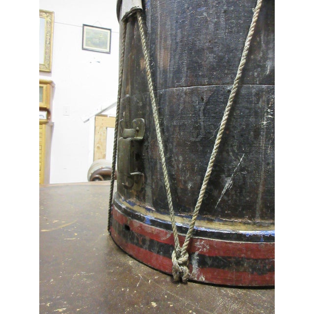 Late 20th Century Antique Civil War Era Painted Wood Drum With Rope Tension and Leather Ears For Sale - Image 5 of 6