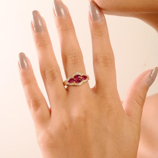 Vintage Inspired Cluster Ruby Diamond Cocktail Ring Size 6 in 14k Yellow Gold For Sale - Image 4 of 17