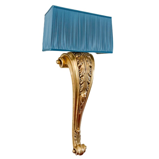 Mid 20th Century Mid 20th Century French Grand Scale Parisian Giltwood Corbel Sconces With Blue Pleated Silk Shades - a Pair For Sale - Image 5 of 13