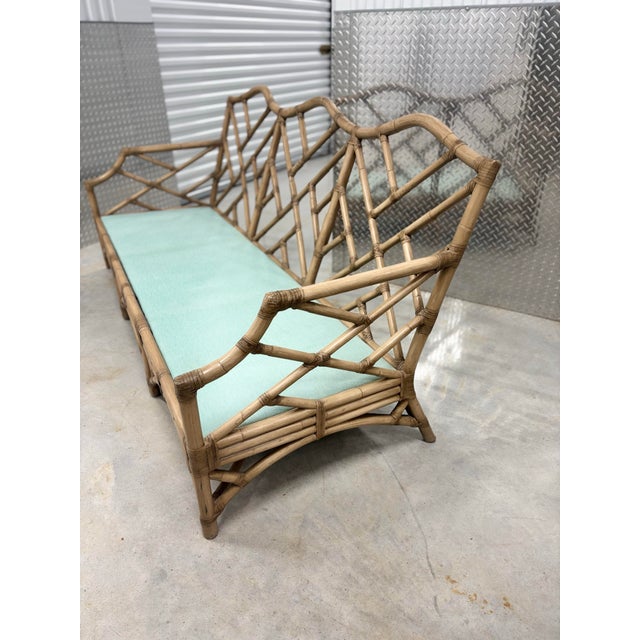 David Francis David Francis Attributed Chippendale Rattan Sofa Set. Couch, Chair and Ottoman, Used, Like New, for Fraction of Price. For Sale - Image 4 of 12