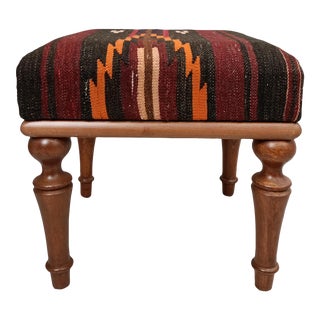Handmade Kilim Rug Upholstered Footstool Ottoman For Sale