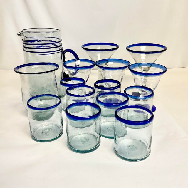 Mexican 1970s Vintage Mexico Hand Blown Glass Bar Collection - 15 Piece Set. For Sale - Image 3 of 10