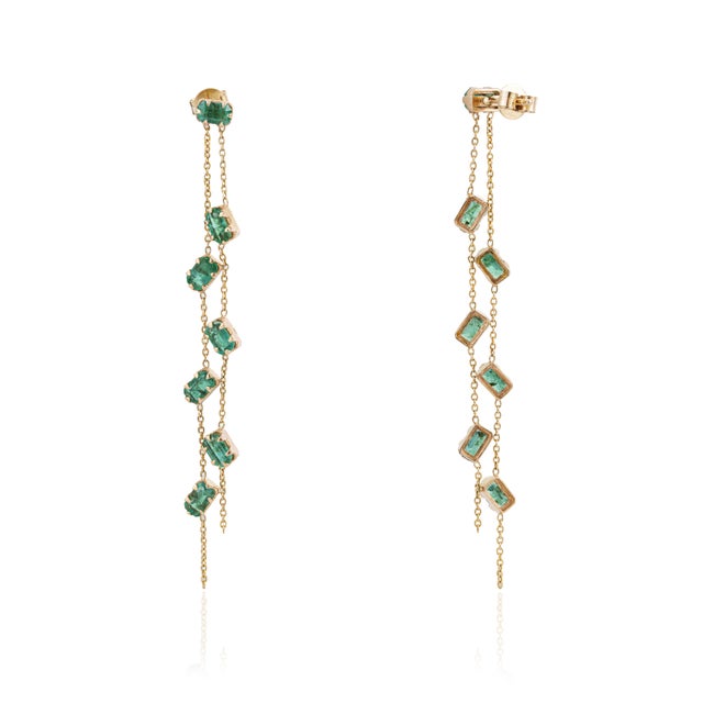 Not Yet Made - Made To Order 3.25ct Emerald Double Chain Long Dangle Earrings in 14k Solid Gold- A Pair For Sale - Image 5 of 15