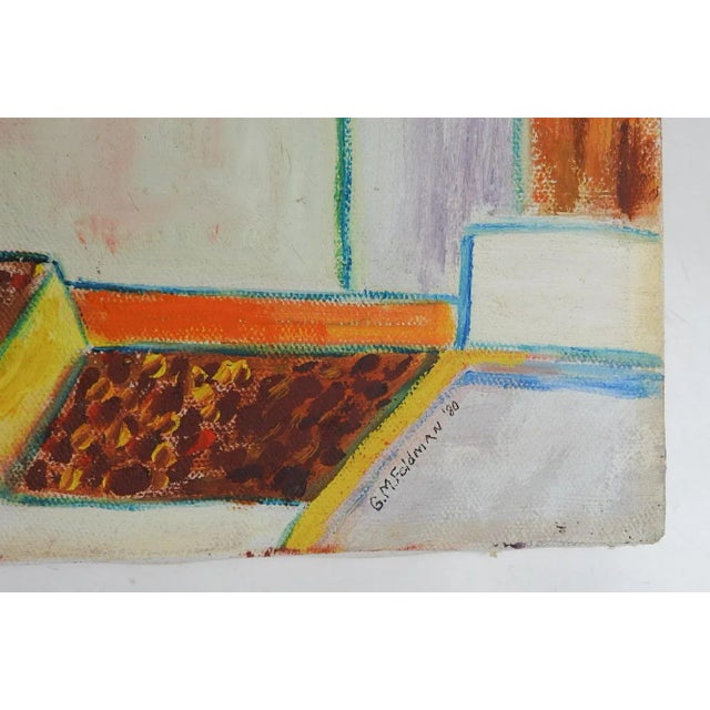 Vintage 1980 oil on canvas abstract coastal cityscape painting. Signed G. M. Feldman and dated lower right corner....