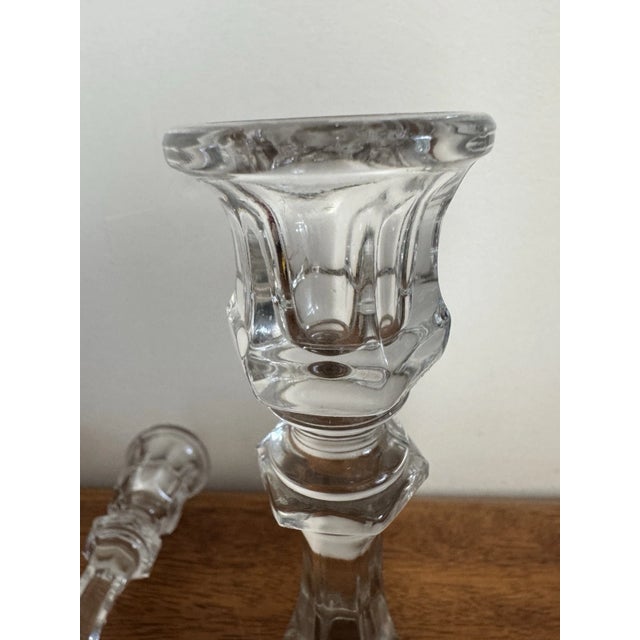 White Vintage Pair Clear Glass Crystal Candlesticks 7.5" Hexagon Base Taper Holders For Sale - Image 8 of 11